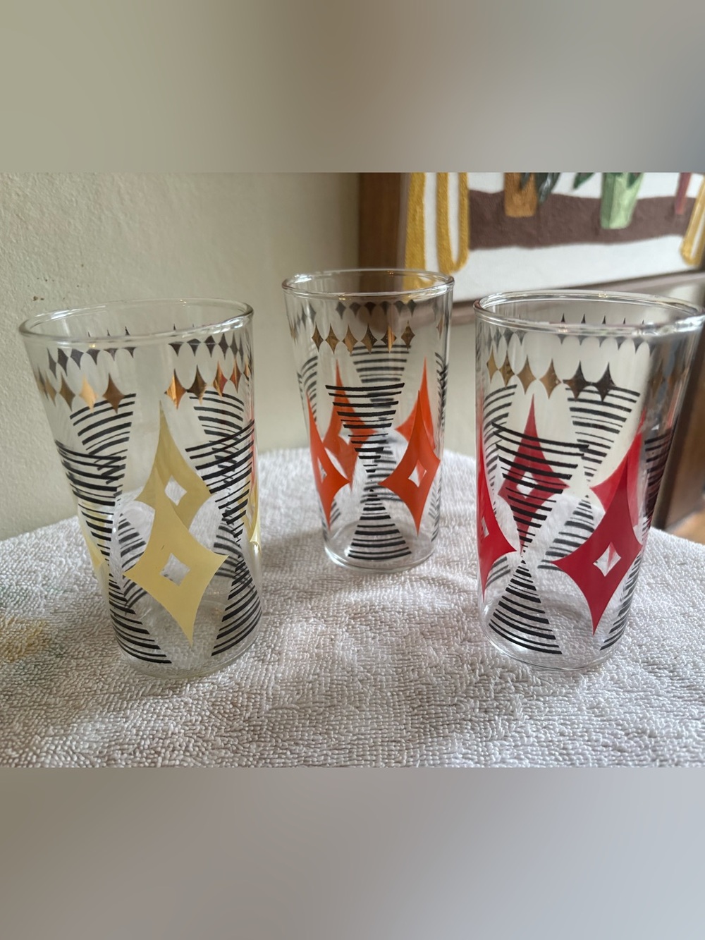 Vintage MCM Jeannette Glass Atomic Starburst Tumblers - Set of 3 (Multi-Color)